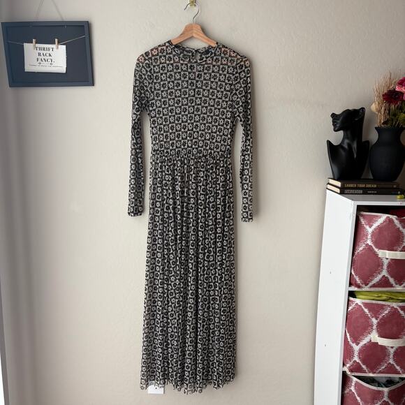 Dressed in Lala Dress Mesh Floral Checkered Long Sleeve Maxi Dress Black White S - Picture 2 of 8